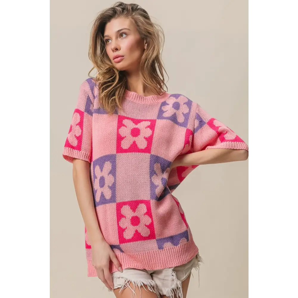 Flower Checker Pattern Short Sleeve Sweater.