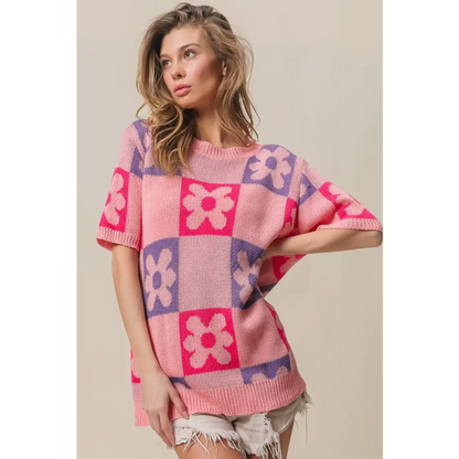 Flower Checker Pattern Short Sleeve Sweater.