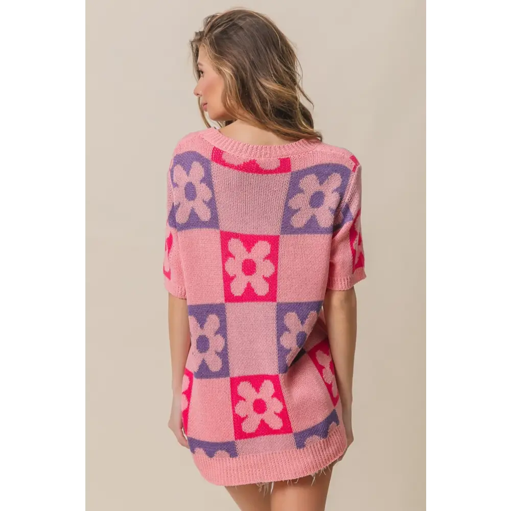 Flower Checker Pattern Short Sleeve Sweater.