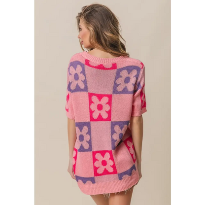 Flower Checker Pattern Short Sleeve Sweater.