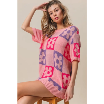 Flower Checker Pattern Short Sleeve Sweater.