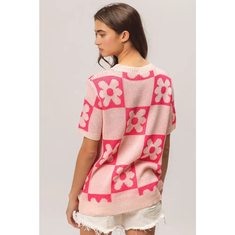 Flower Checker Pattern Short Sleeve Sweater.