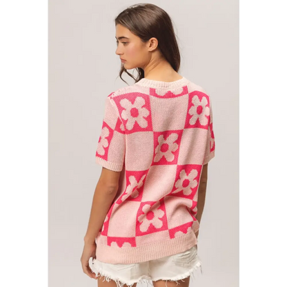 Flower Checker Pattern Short Sleeve Sweater.