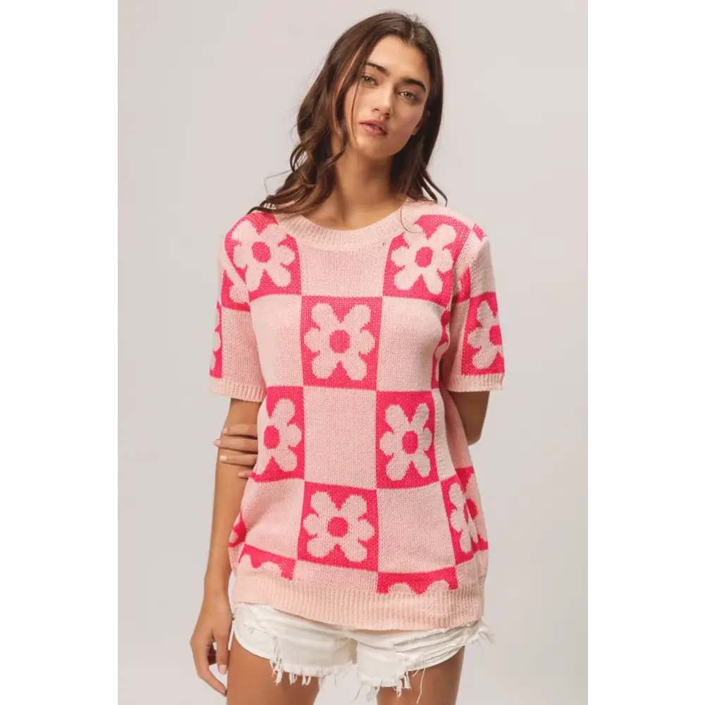 Flower Checker Pattern Short Sleeve Sweater.