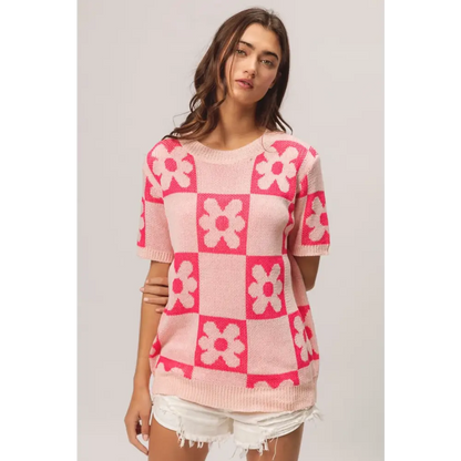 Flower Checker Pattern Short Sleeve Sweater.