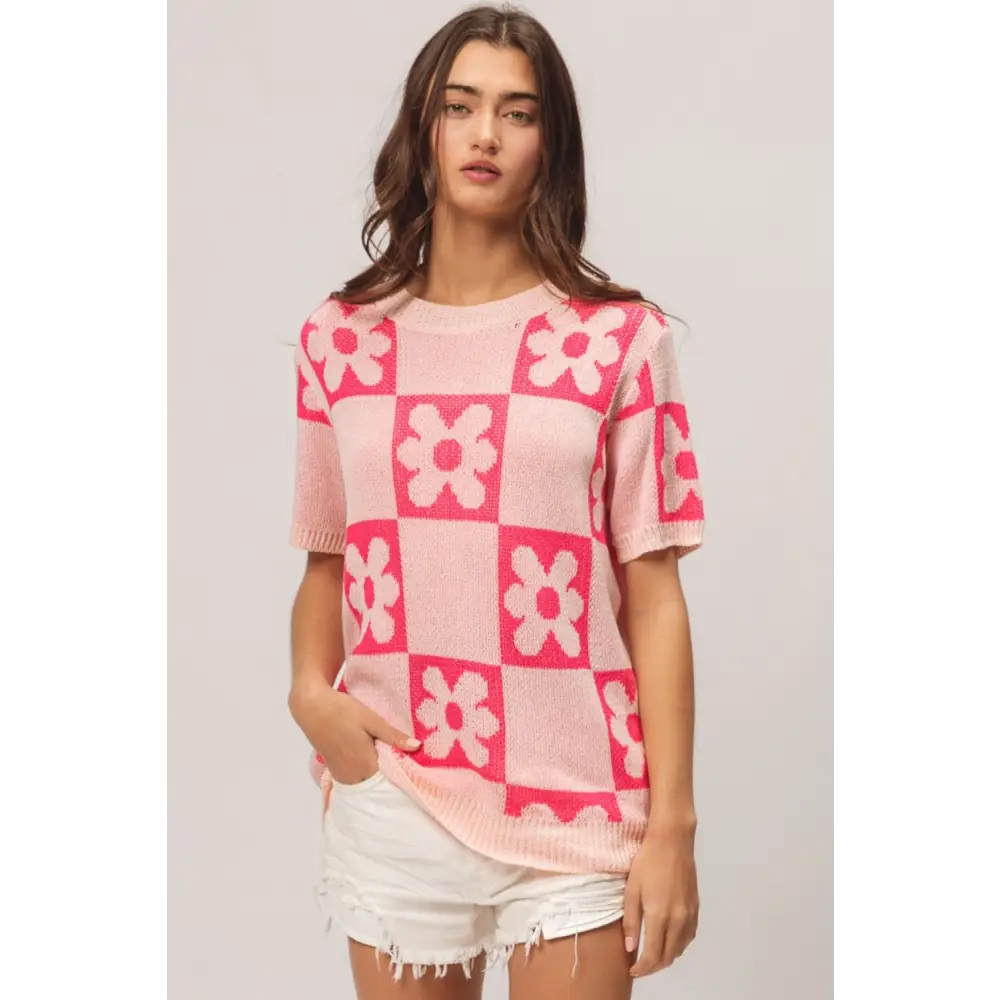Flower Checker Pattern Short Sleeve Sweater.