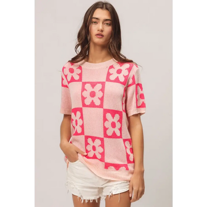 Flower Checker Pattern Short Sleeve Sweater.