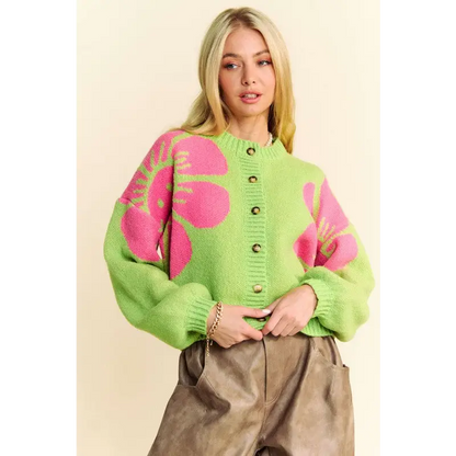 Flower Contrast Round Neck Long Sleeve Cardigan.