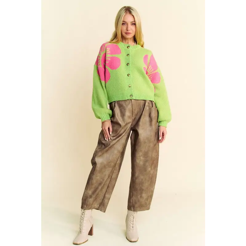 Flower Contrast Round Neck Long Sleeve Cardigan.