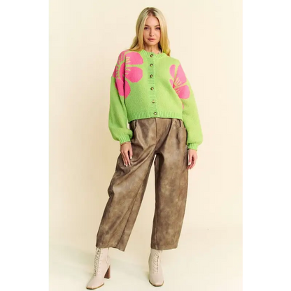Flower Contrast Round Neck Long Sleeve Cardigan.