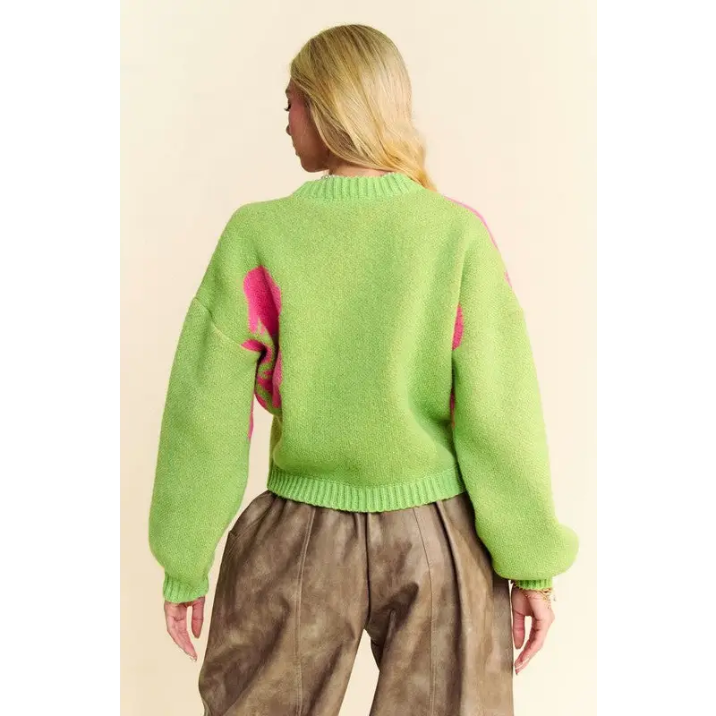 Flower Contrast Round Neck Long Sleeve Cardigan.