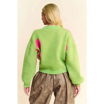 Flower Contrast Round Neck Long Sleeve Cardigan.