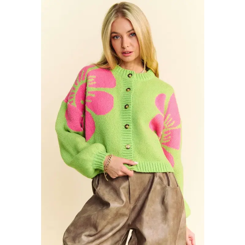 Flower Contrast Round Neck Long Sleeve Cardigan.