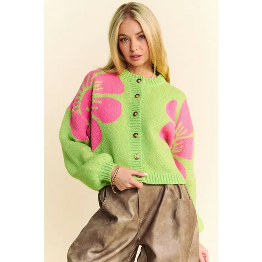 Flower Contrast Round Neck Long Sleeve Cardigan.