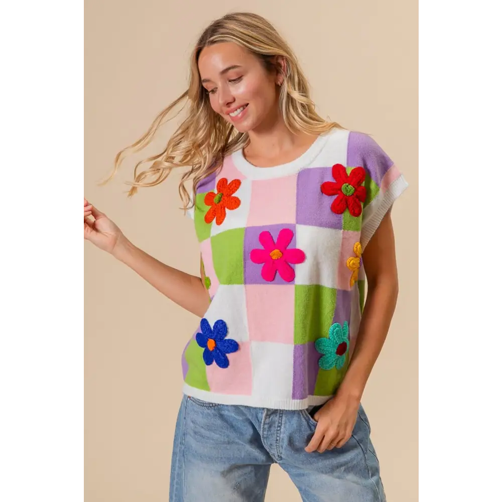 Flower Patch Checkered Sweater Vest.