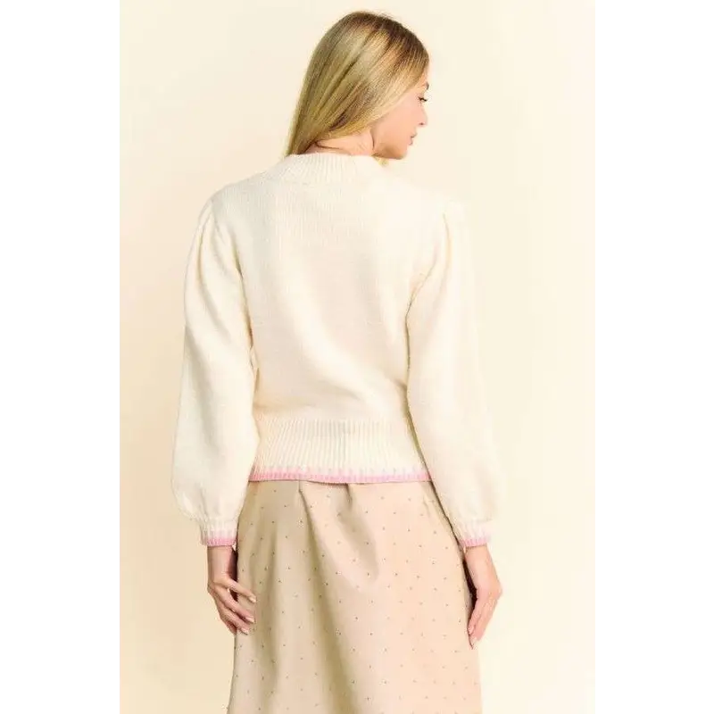 Flower Patch Fuzzy Mock Neck Sweater.