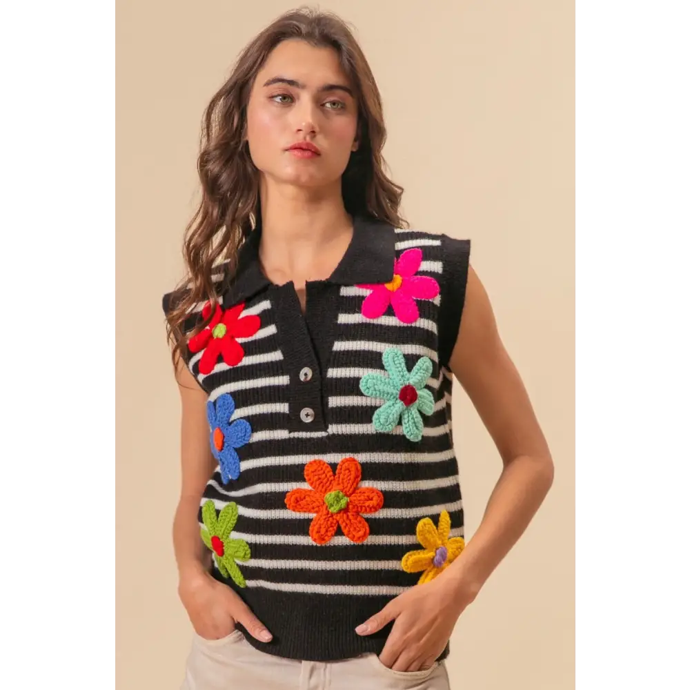 Flower Patch Striped Half Button Sweater Vest.