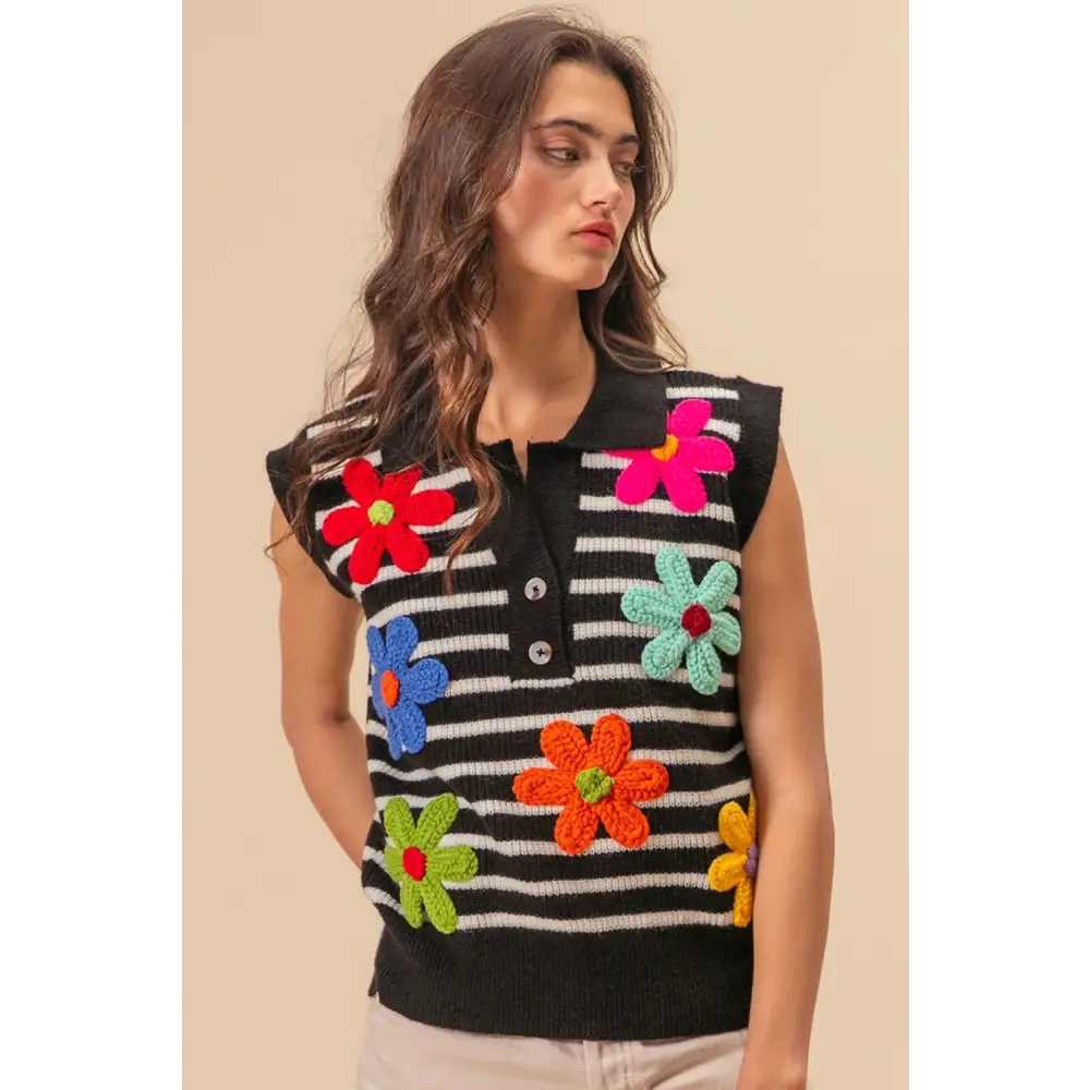 Flower Patch Striped Half Button Sweater Vest.