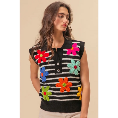 Flower Patch Striped Half Button Sweater Vest.