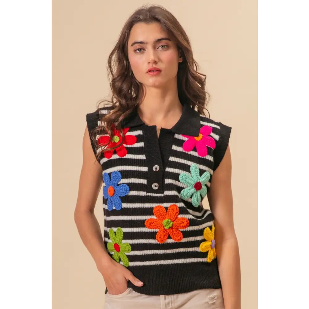 Flower Patch Striped Half Button Sweater Vest.