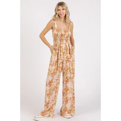 Flower Print Gathered Bust Sleeveless Jumpsuit.