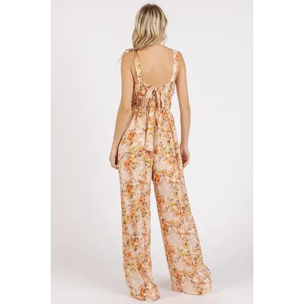 Flower Print Gathered Bust Sleeveless Jumpsuit.