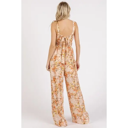 Flower Print Gathered Bust Sleeveless Jumpsuit.