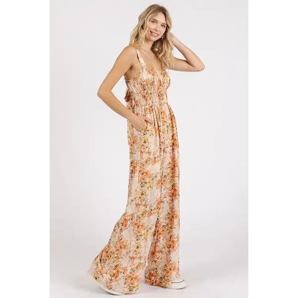 Flower Print Gathered Bust Sleeveless Jumpsuit.