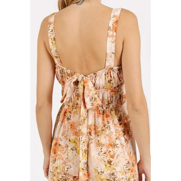 Flower Print Gathered Bust Sleeveless Jumpsuit.