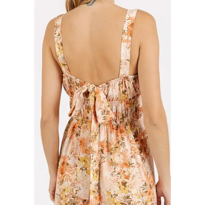 Flower Print Gathered Bust Sleeveless Jumpsuit.