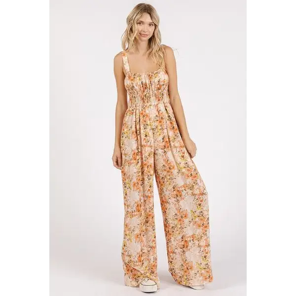 Flower Print Gathered Bust Sleeveless Jumpsuit.