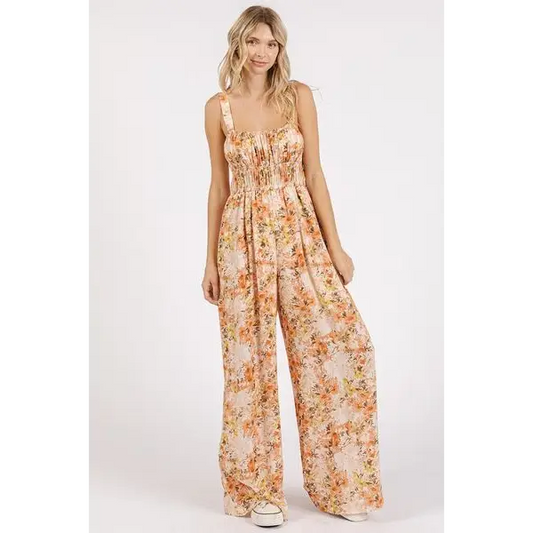 Flower Print Gathered Bust Sleeveless Jumpsuit.