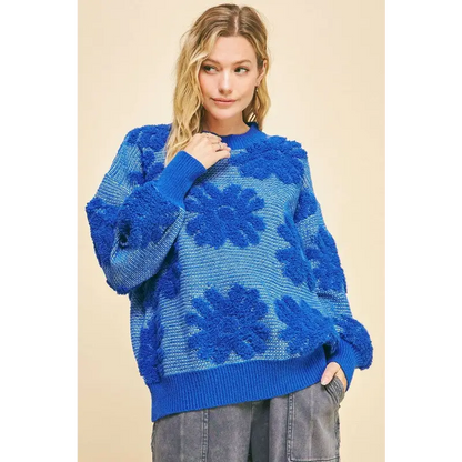 Flower Texture Round Neck Dropped Shoulder Sweater.