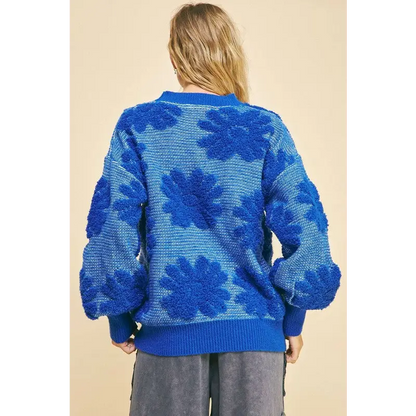 Flower Texture Round Neck Dropped Shoulder Sweater.