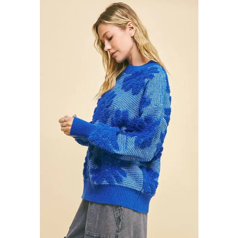 Flower Texture Round Neck Dropped Shoulder Sweater.