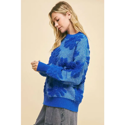 Flower Texture Round Neck Dropped Shoulder Sweater.