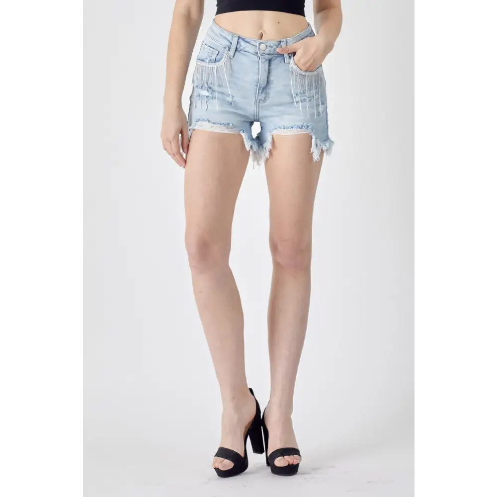 Frayed Hem Denim Shorts with Fringe Detail Pockets.