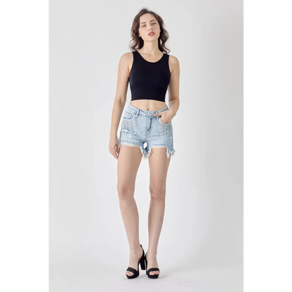 Frayed Hem Denim Shorts with Fringe Detail Pockets.