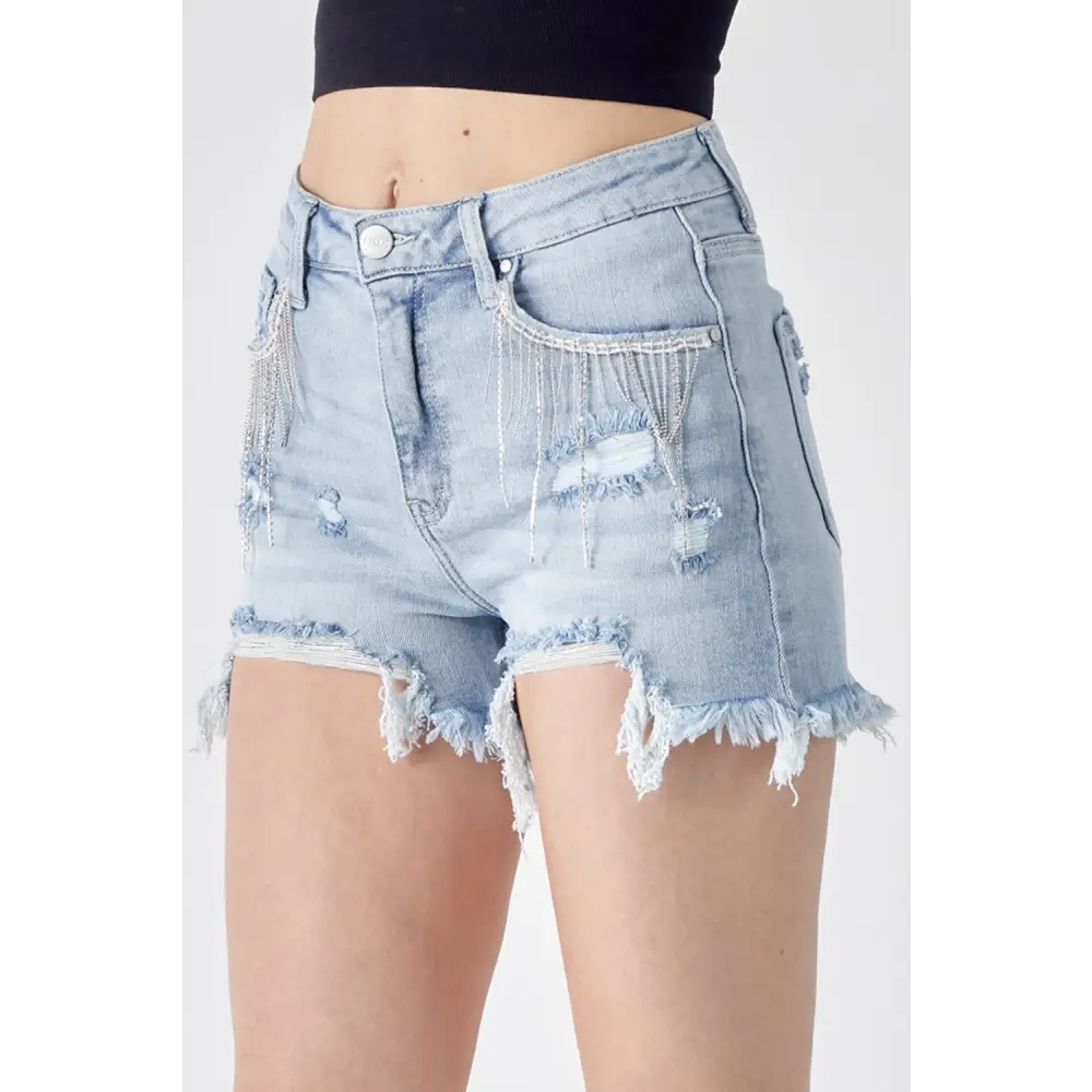 Frayed Hem Denim Shorts with Fringe Detail Pockets.