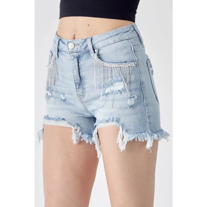 Frayed Hem Denim Shorts with Fringe Detail Pockets.