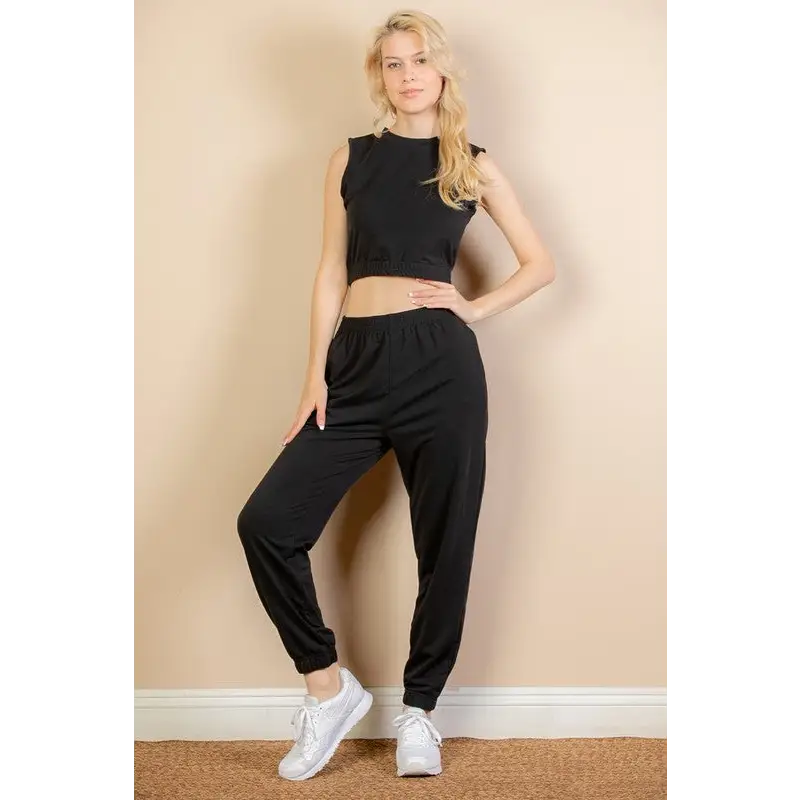 French Terry Elastic Waist Tank Top & Joggers Set.