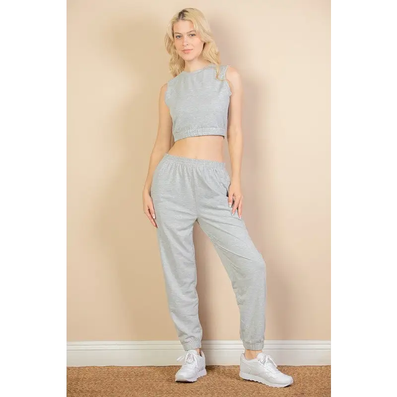 French Terry Elastic Waist Tank Top & Joggers Set.