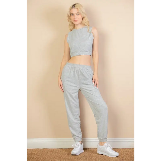 French Terry Elastic Waist Tank Top & Joggers Set.