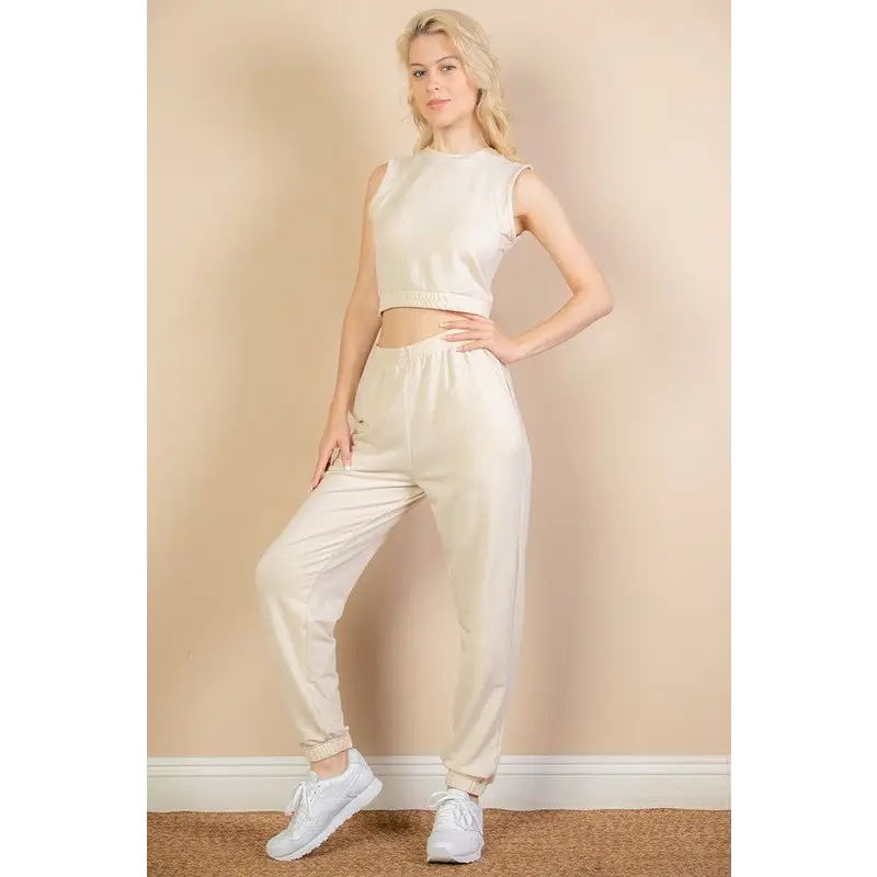 French Terry Elastic Waist Tank Top & Joggers Set.