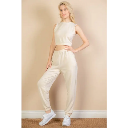 French Terry Elastic Waist Tank Top & Joggers Set.