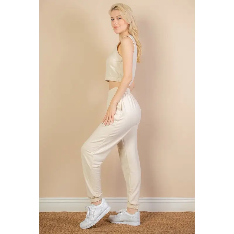 French Terry Elastic Waist Tank Top & Joggers Set.