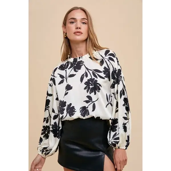Frill Printed Balloon Sleeve Blouse.