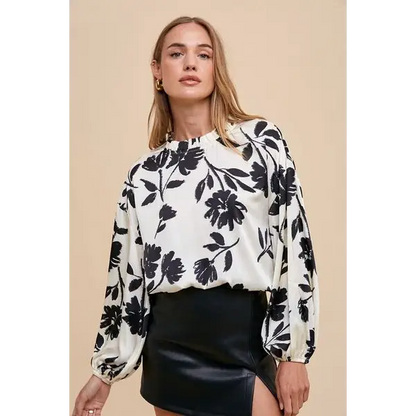 Frill Printed Balloon Sleeve Blouse.