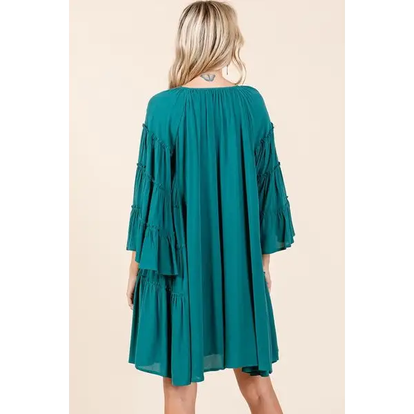 Frill Tie Neck Bell Sleeve Dress.