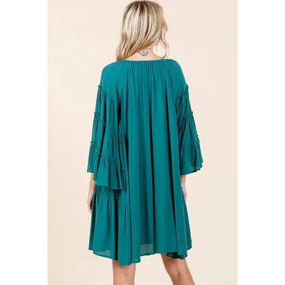 Frill Tie Neck Bell Sleeve Dress.